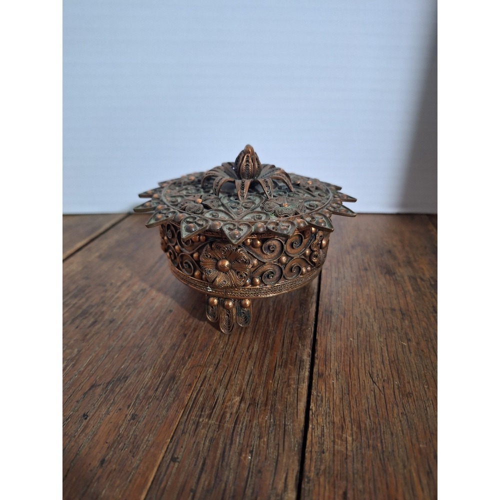 Vintage Albania Copper Filigree Trinket Box Red Velvet Lined Footed Jewelry Case